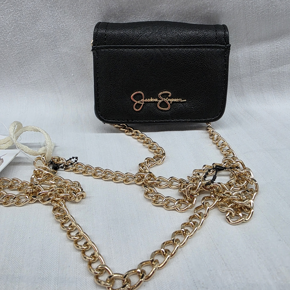 Jessica Simpson Black Crossbody Change Purse with Gold Chain